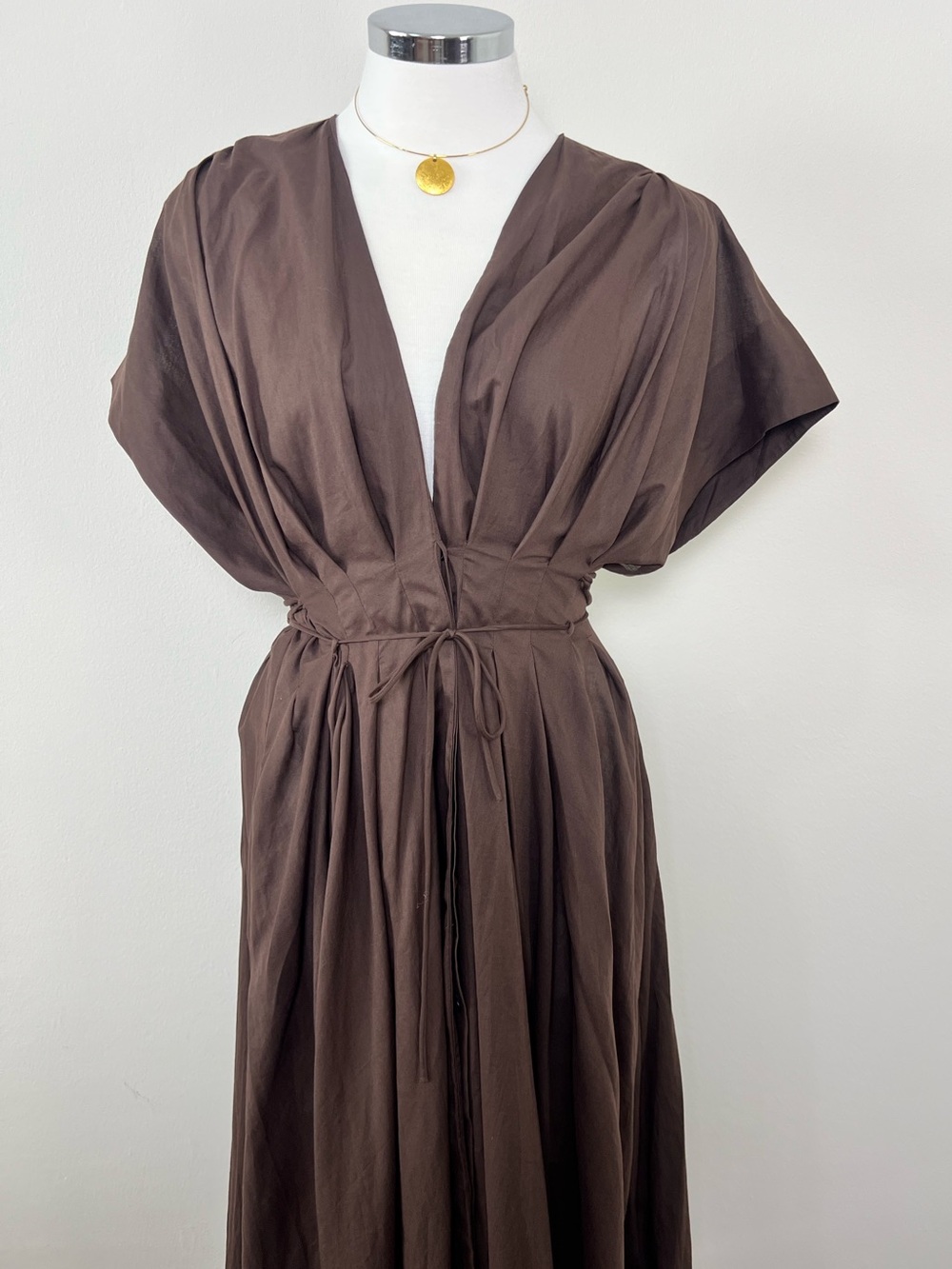 NWT Zara Brown Cotton Poplin Puff Sleeve Midi Dress Size M Pockets - Picture 3 of 12